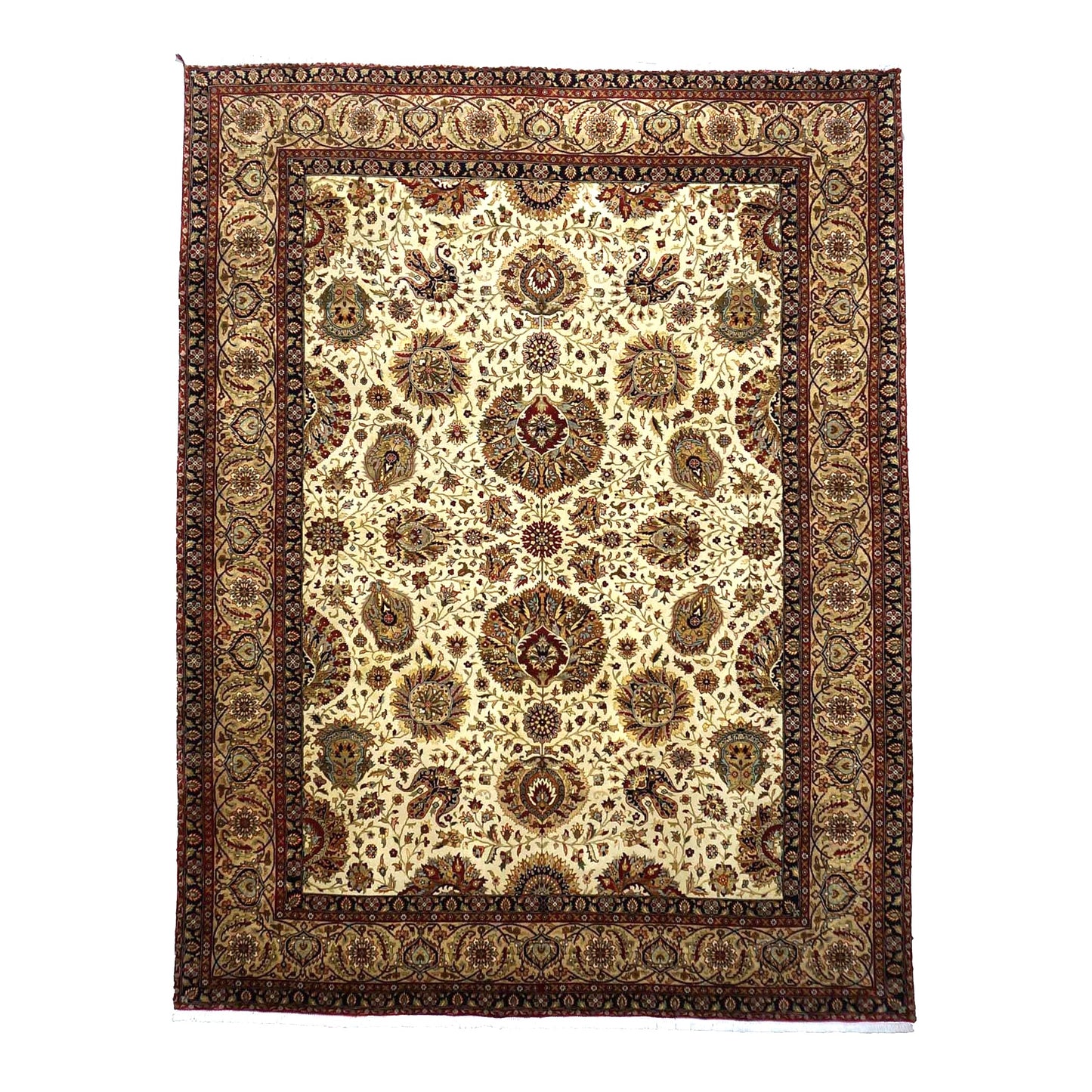 Vintage Indian Jaipour Wool 9x12 Ivory & Tan Handmade Area Rug #1144251