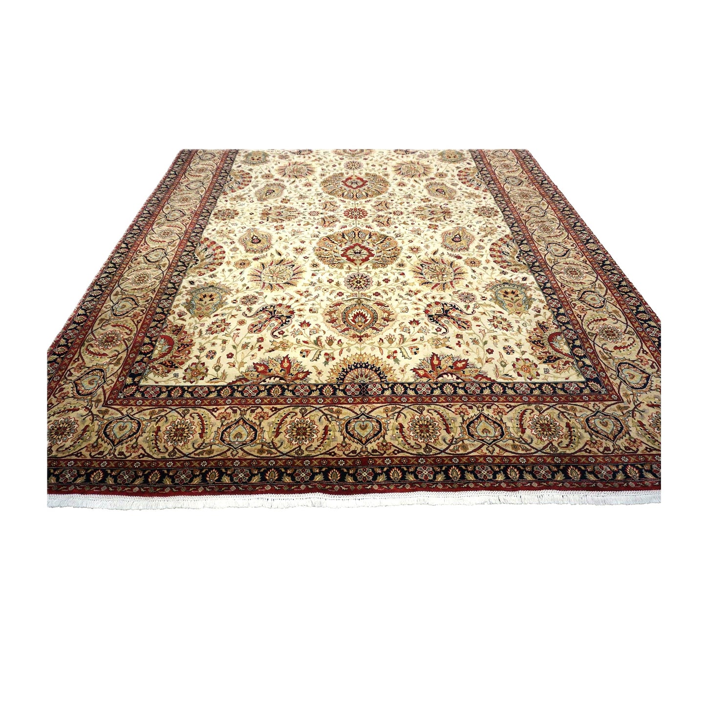Vintage Indian Jaipour Wool 9x12 Ivory & Tan Handmade Area Rug #1144251