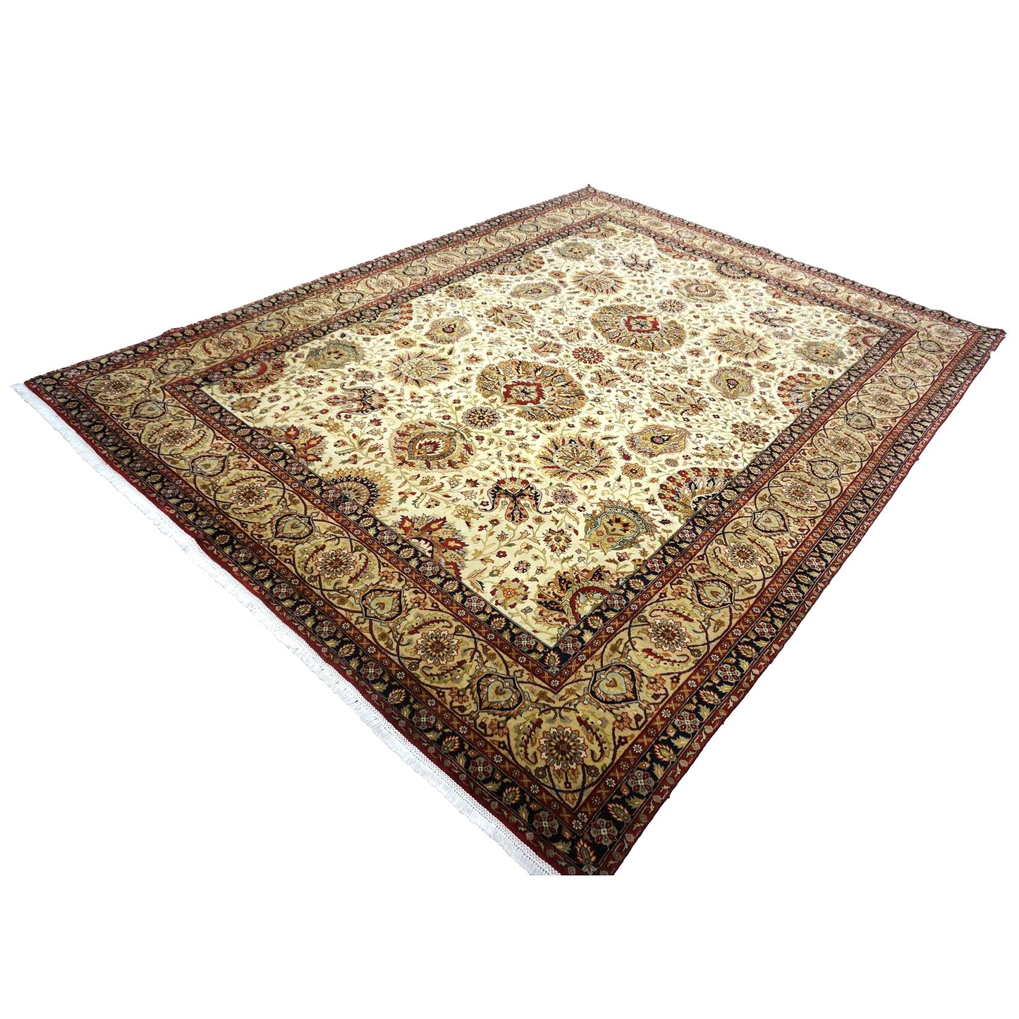 Vintage Indian Jaipour Wool 9x12 Ivory & Tan Handmade Area Rug #1144251