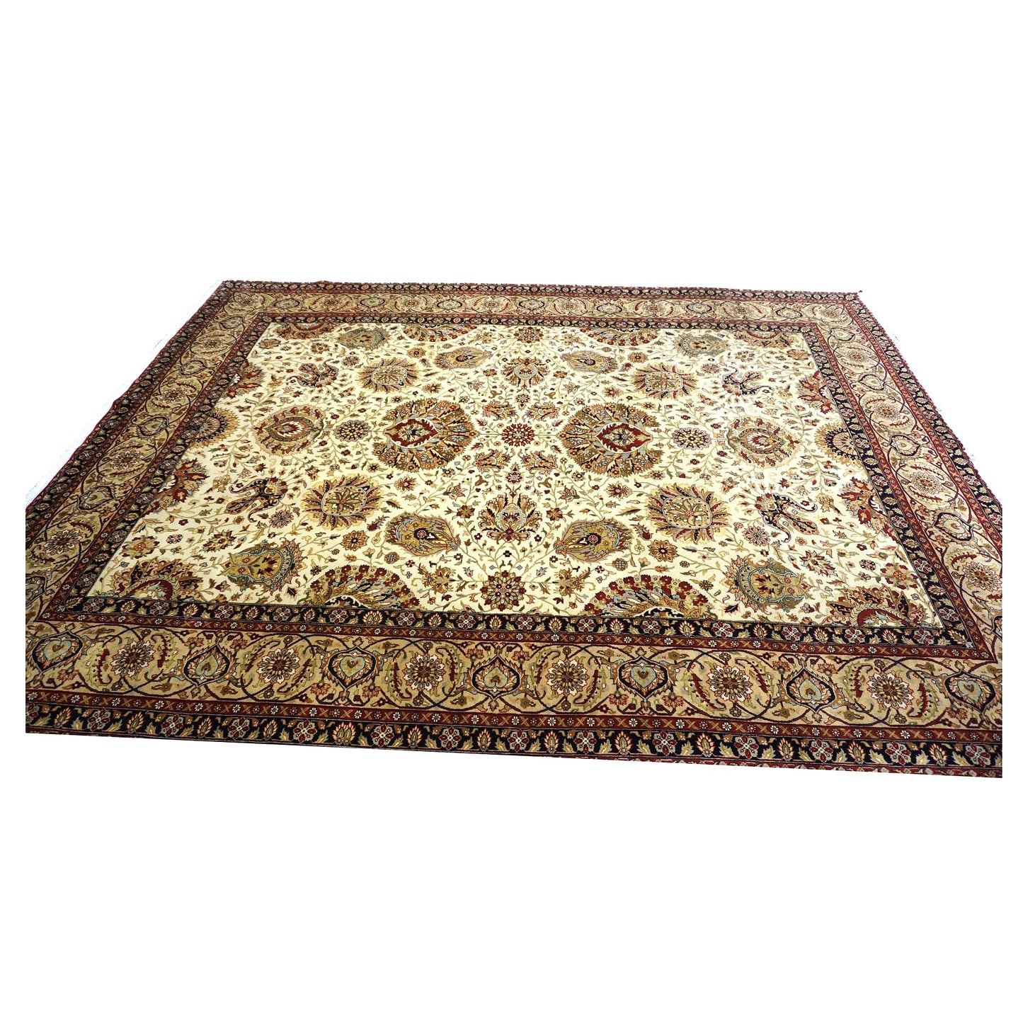 Vintage Indian Jaipour Wool 9x12 Ivory & Tan Handmade Area Rug #1144251