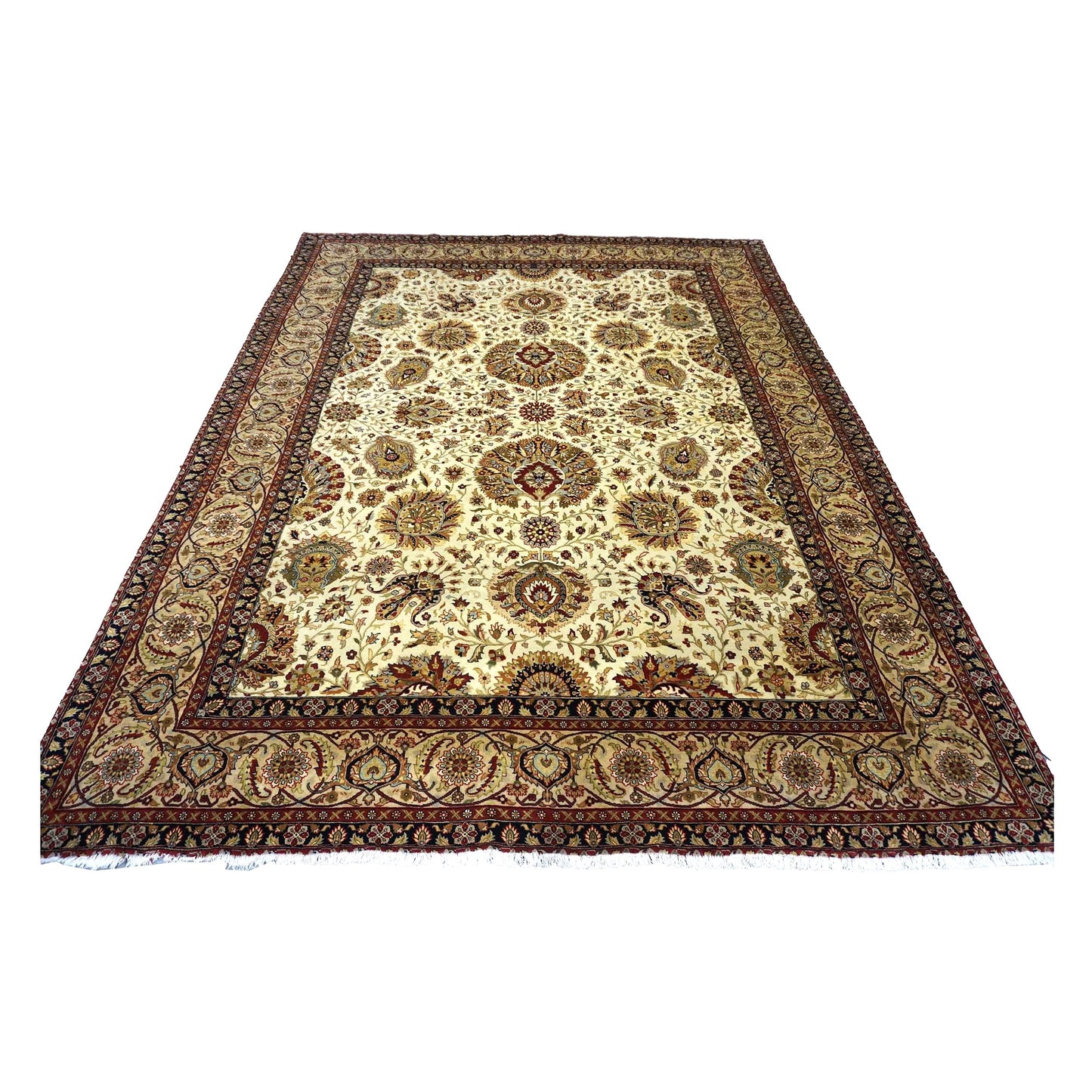 Vintage Indian Jaipour Wool 9x12 Ivory & Tan Handmade Area Rug #1144251