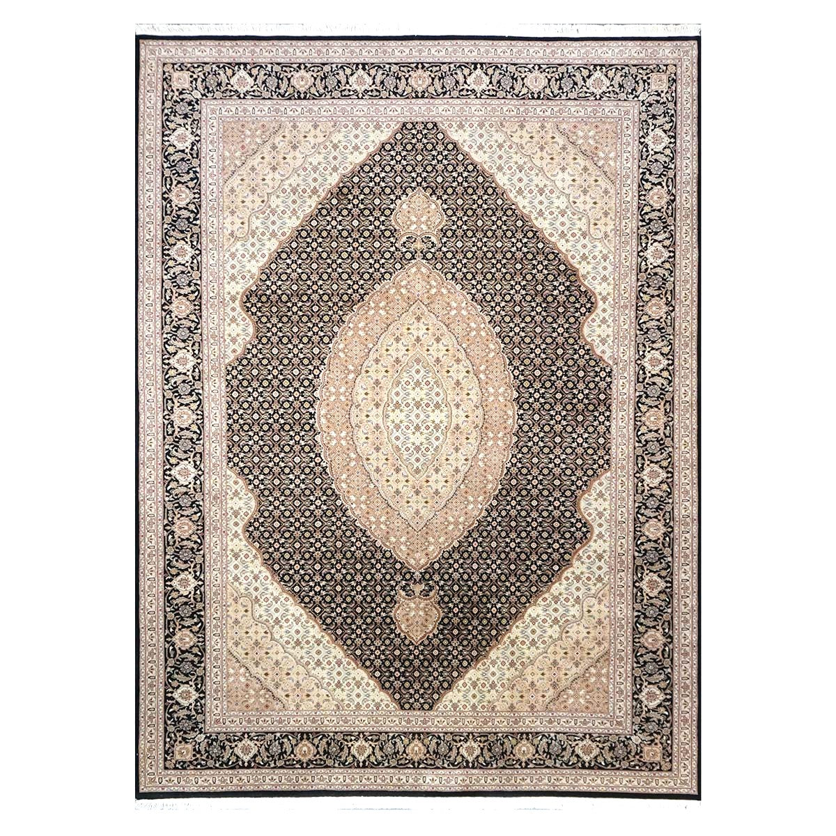 Vintage Sino-Persian Tabriz Mahi Wool 9x12 Black & Ivory Handmade Area Rug #1144253