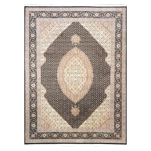 Vintage Sino-Persian Tabriz Mahi Wool 9x12 Black & Ivory Handmade Area Rug #1144253