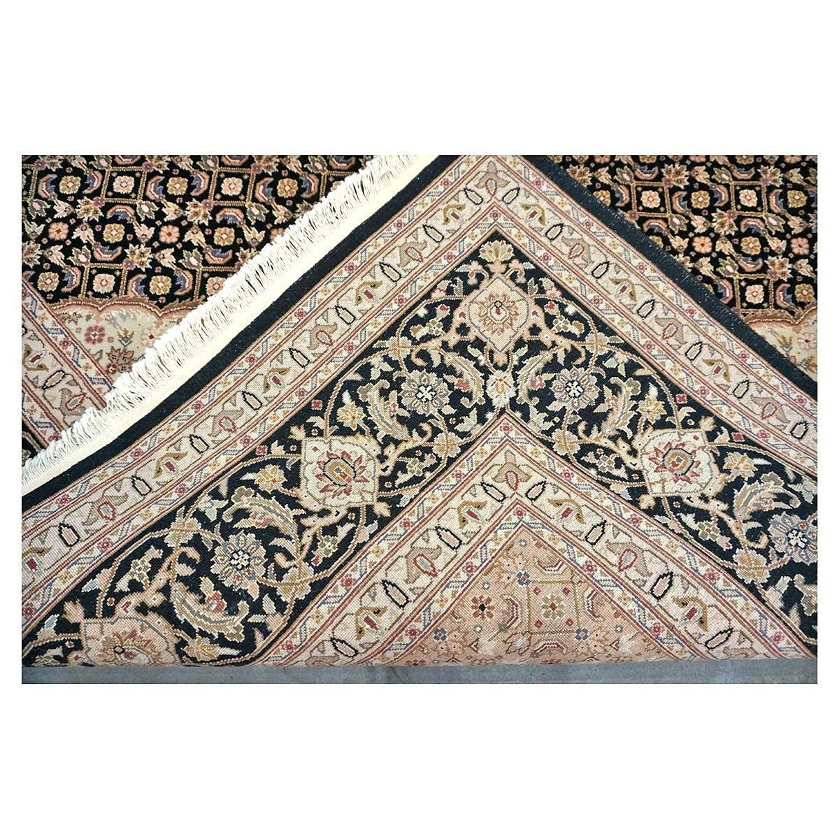 Vintage Sino-Persian Tabriz Mahi Wool 9x12 Black & Ivory Handmade Area Rug #1144253