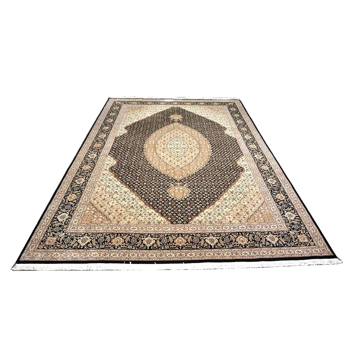 Vintage Sino-Persian Tabriz Mahi Wool 9x12 Black & Ivory Handmade Area Rug #1144253