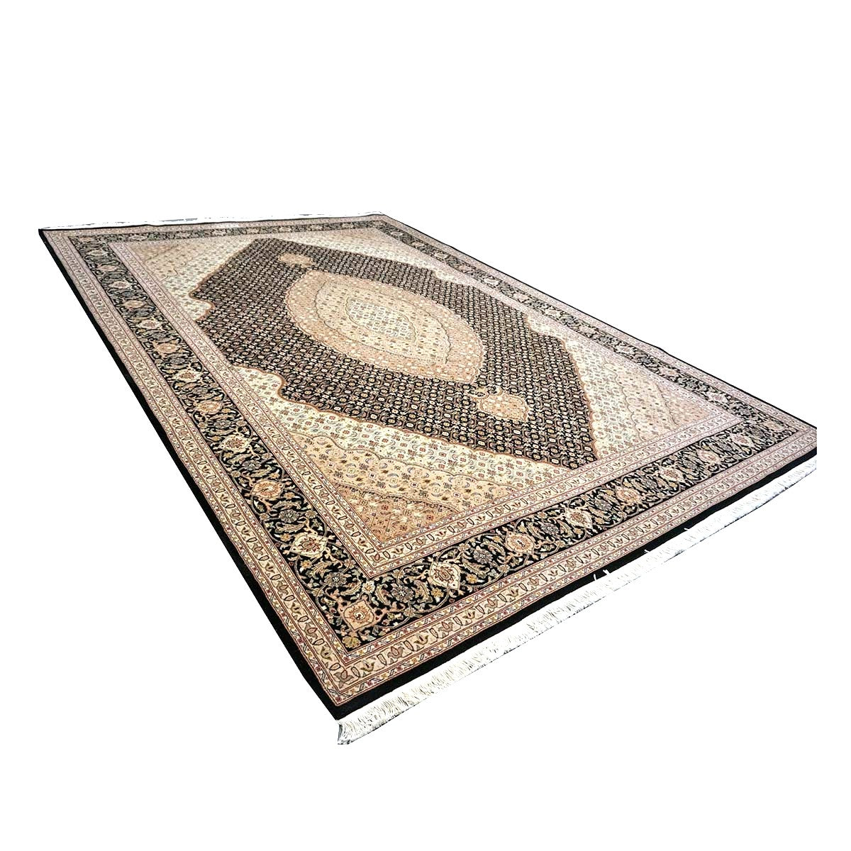 Vintage Sino-Persian Tabriz Mahi Wool 9x12 Black & Ivory Handmade Area Rug #1144253