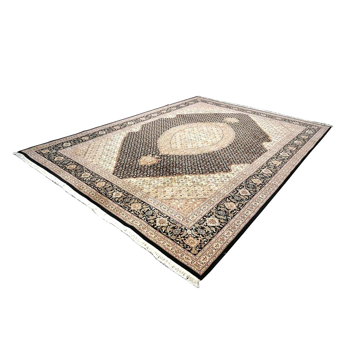 Vintage Sino-Persian Tabriz Mahi Wool 9x12 Black & Ivory Handmade Area Rug #1144253