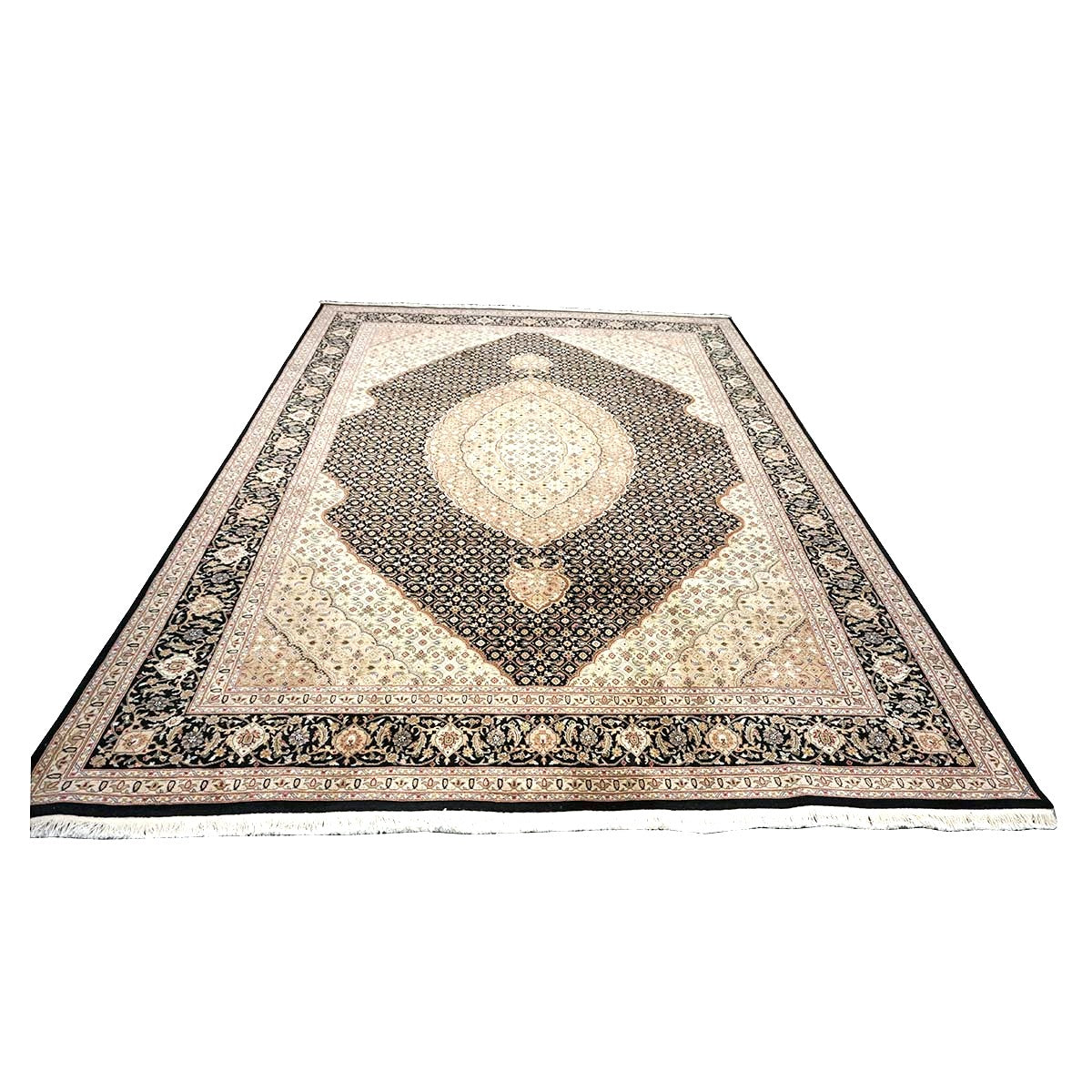 Vintage Sino-Persian Tabriz Mahi Wool 9x12 Black & Ivory Handmade Area Rug #1144253