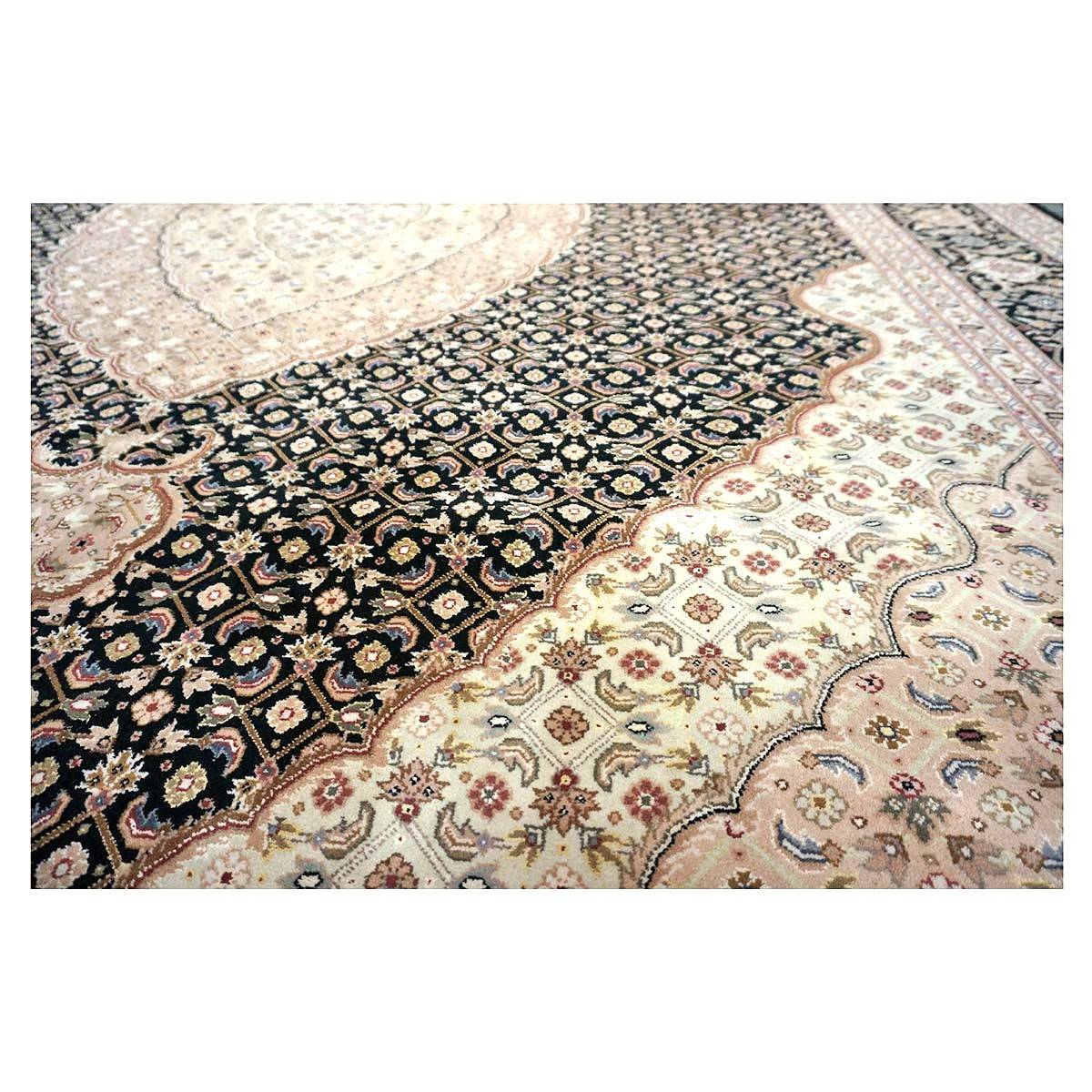 Vintage Sino-Persian Tabriz Mahi Wool 9x12 Black & Ivory Handmade Area Rug #1144253