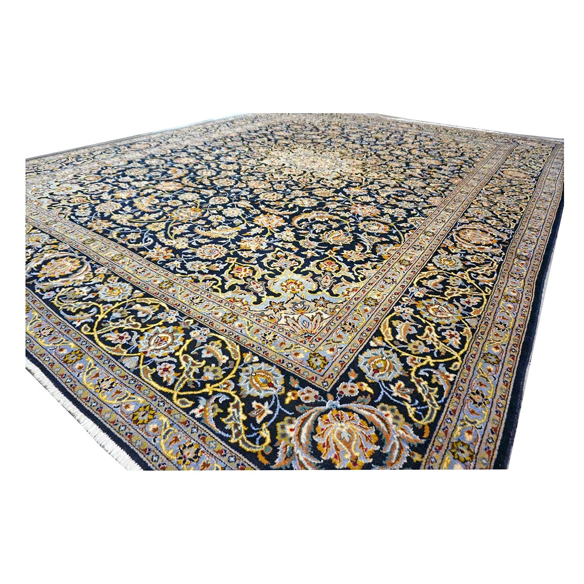 Vintage Persian Kashan Wool 10x12 Navy, Ivory & Gold Handmade Area Rug #1144254