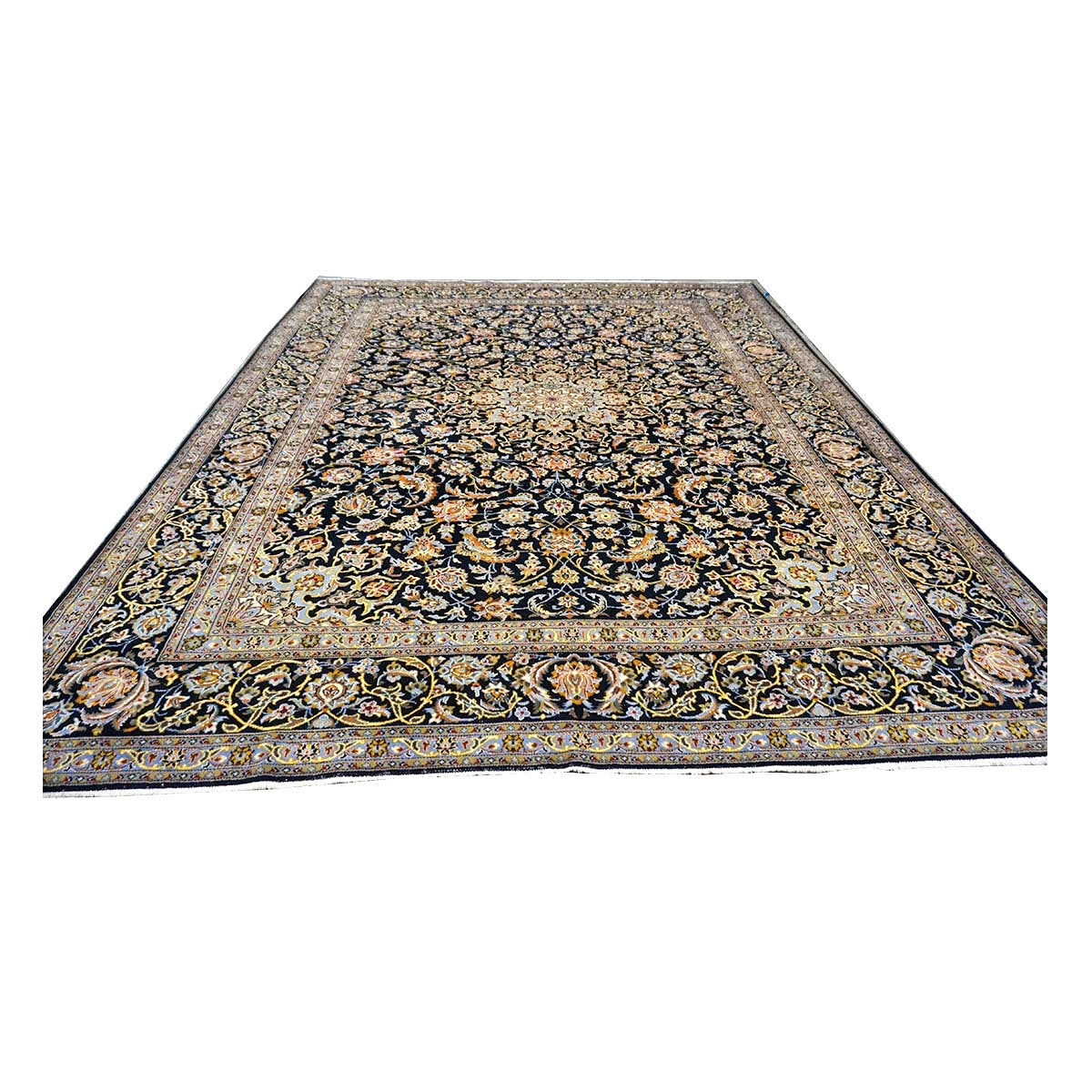 Vintage Persian Kashan Wool 10x12 Navy, Ivory & Gold Handmade Area Rug #1144254