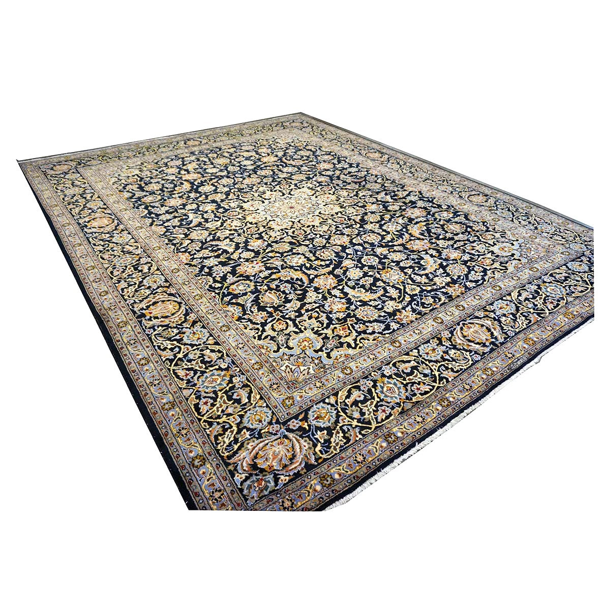 Vintage Persian Kashan Wool 10x12 Navy, Ivory & Gold Handmade Area Rug #1144254