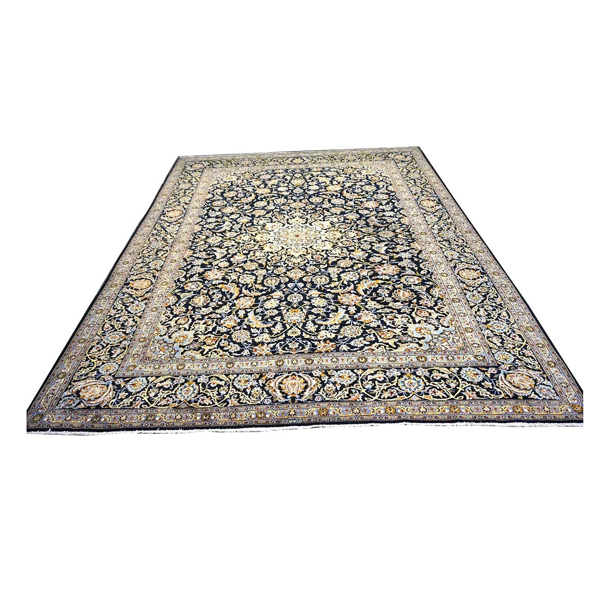 Vintage Persian Kashan Wool 10x12 Navy, Ivory & Gold Handmade Area Rug #1144254