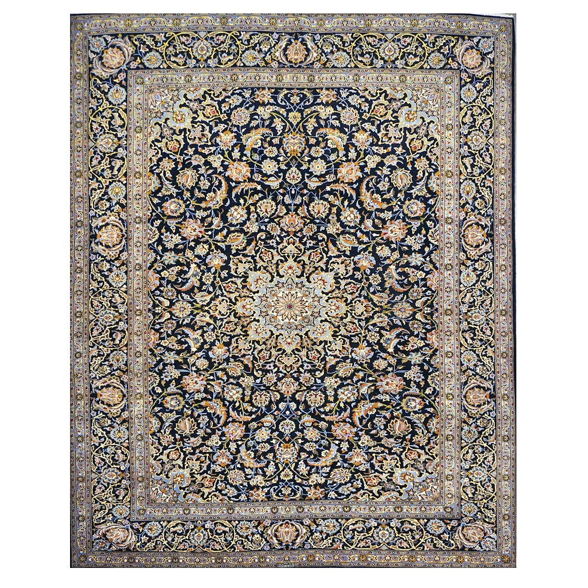 Vintage Persian Kashan Wool 10x12 Navy, Ivory & Gold Handmade Area Rug #1144254