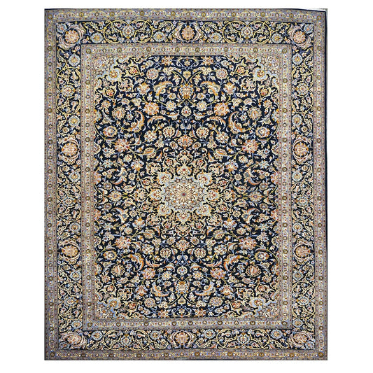 Vintage Persian Kashan Wool 10x12 Navy, Ivory & Gold Handmade Area Rug #1144254
