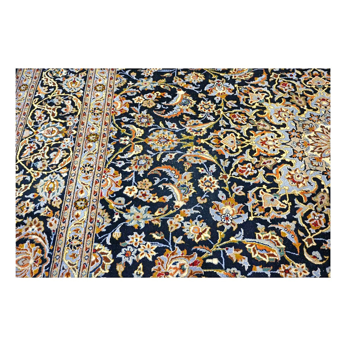 Vintage Persian Kashan Wool 10x12 Navy, Ivory & Gold Handmade Area Rug #1144254