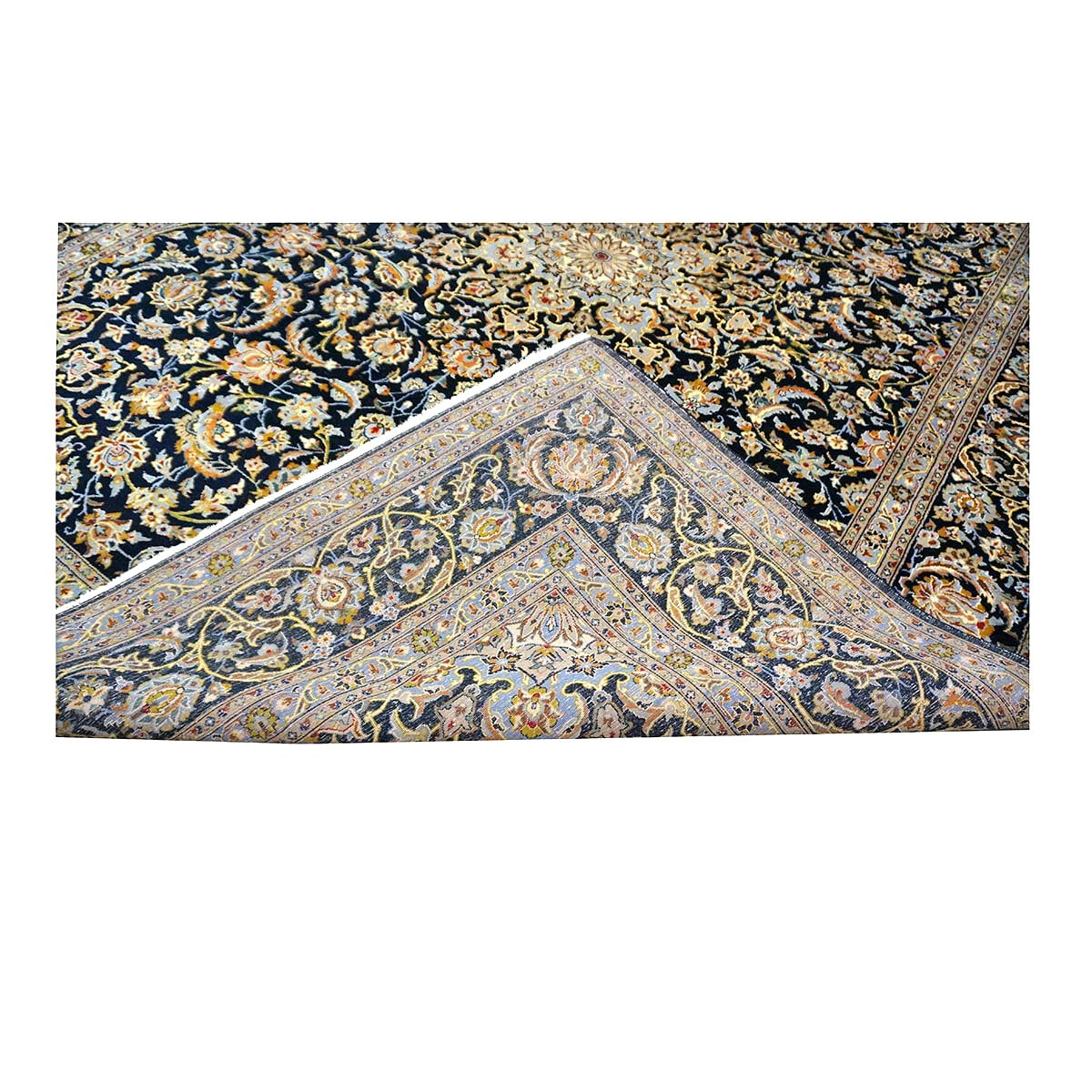 Vintage Persian Kashan Wool 10x12 Navy, Ivory & Gold Handmade Area Rug #1144254