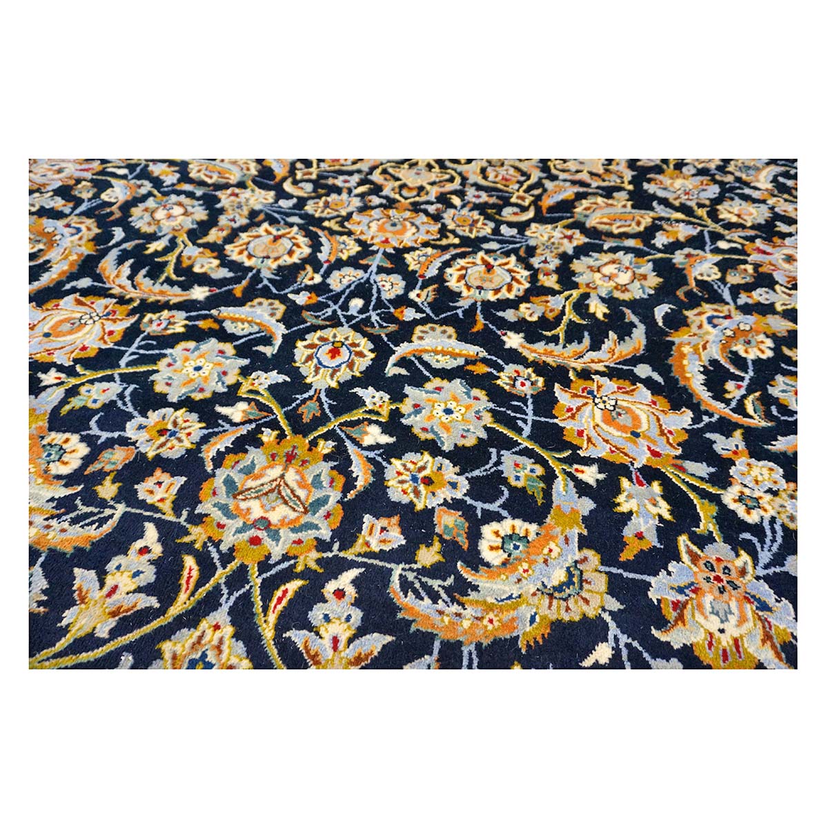Vintage Persian Kashan Wool 10x12 Navy, Ivory & Gold Handmade Area Rug #1144254