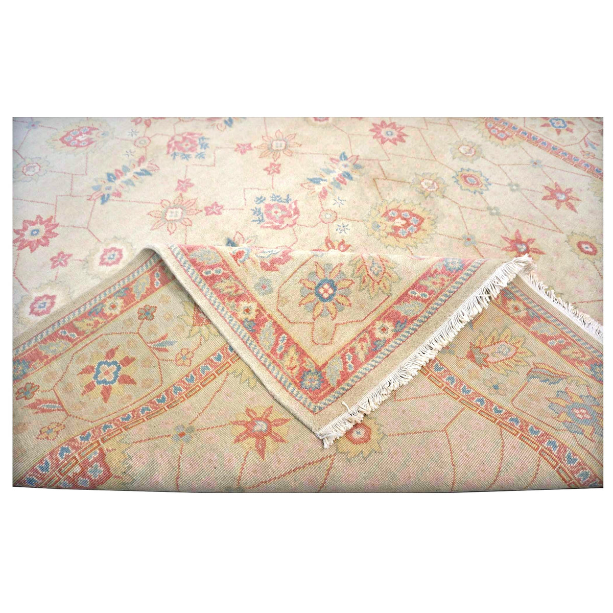 Sino-Persian Oushak Wool 8x10 Tan, Blue & Salmon Handmade Area Rug #1144263