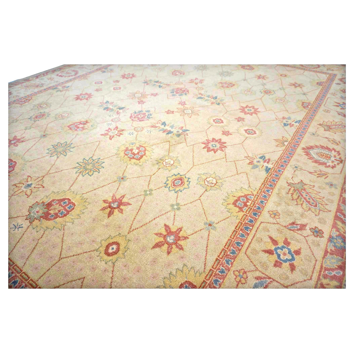 Sino-Persian Oushak Wool 8x10 Tan, Blue & Salmon Handmade Area Rug #1144263