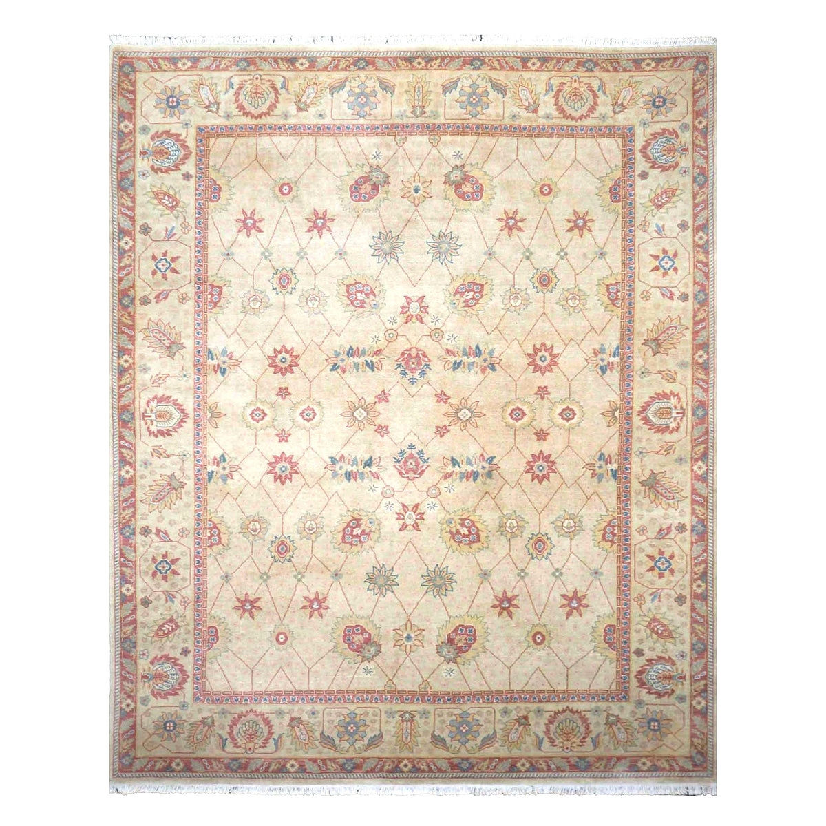 Sino-Persian Oushak Wool 8x10 Tan, Blue & Salmon Handmade Area Rug #1144263