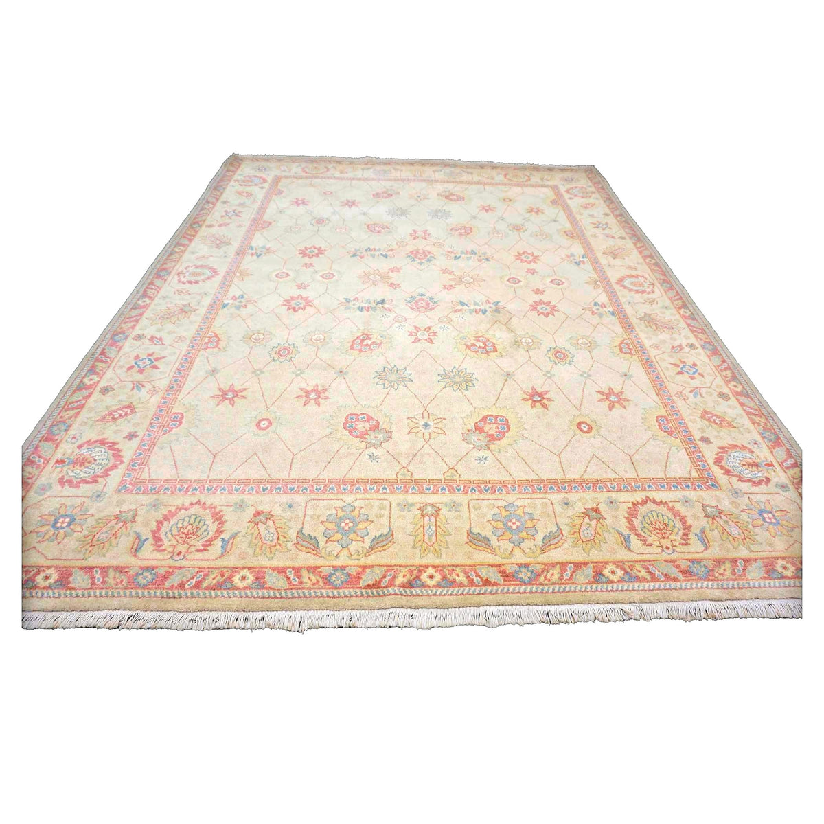 Sino-Persian Oushak Wool 8x10 Tan, Blue & Salmon Handmade Area Rug #1144263