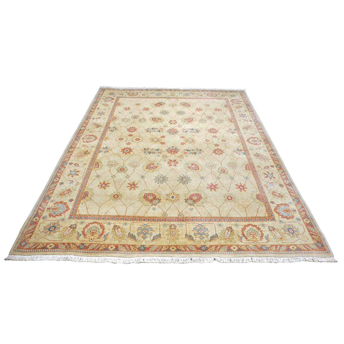 Sino-Persian Oushak Wool 8x10 Tan, Blue & Salmon Handmade Area Rug #1144263
