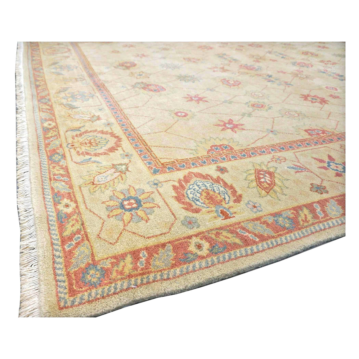 Sino-Persian Oushak Wool 8x10 Tan, Blue & Salmon Handmade Area Rug #1144263