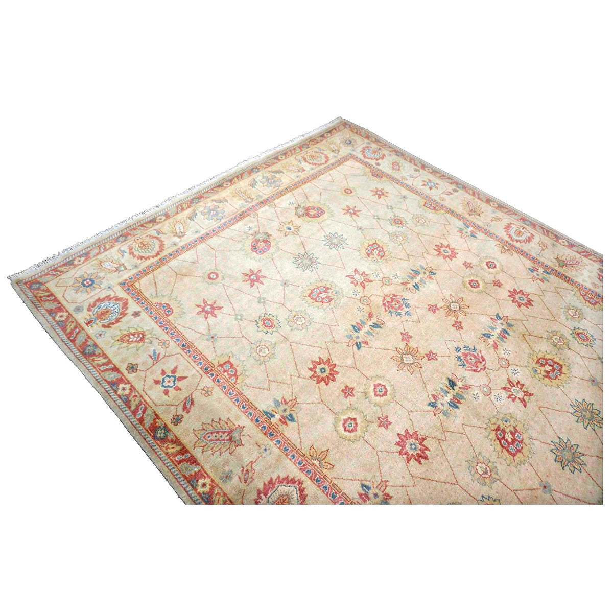 Sino-Persian Oushak Wool 8x10 Tan, Blue & Salmon Handmade Area Rug #1144263