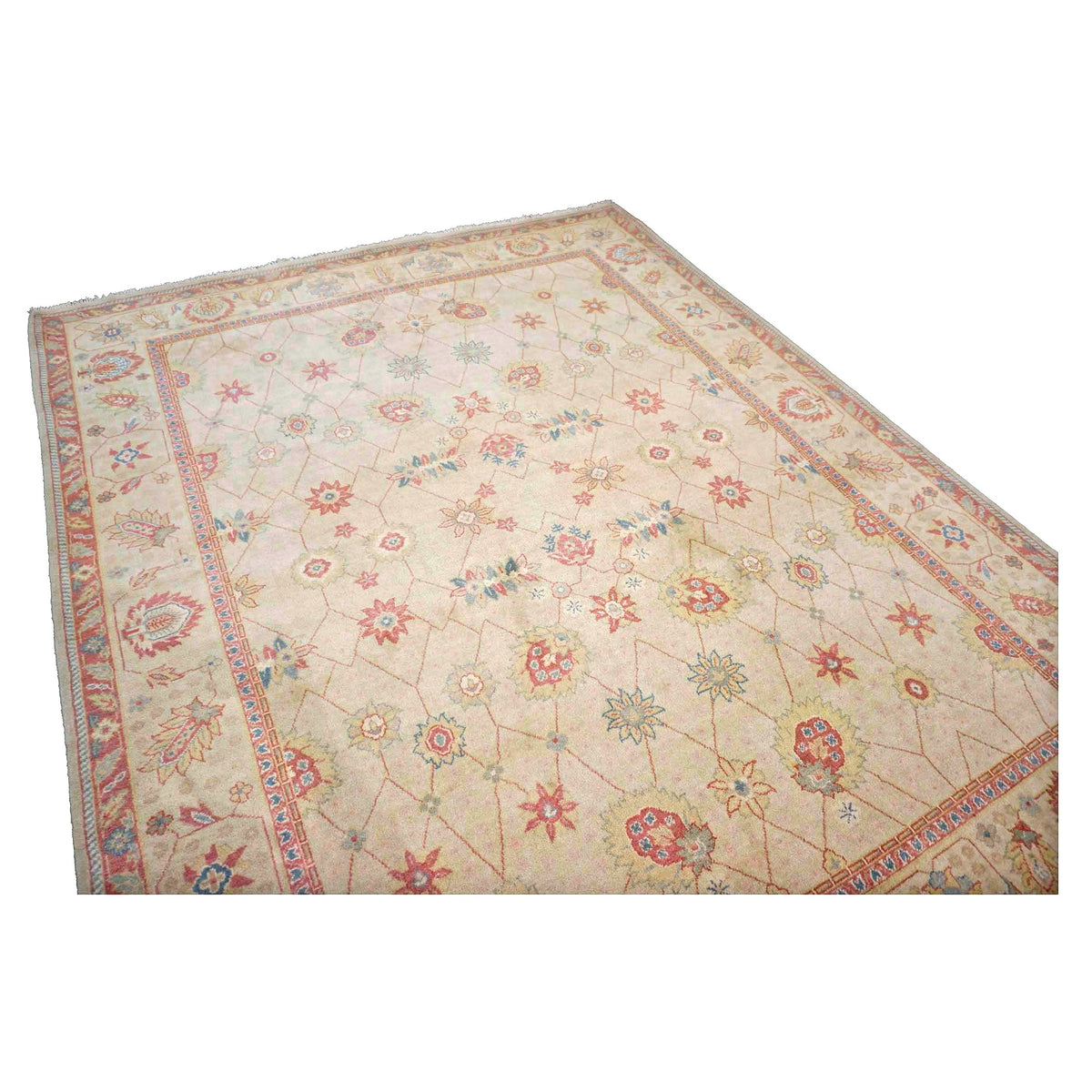 Sino-Persian Oushak Wool 8x10 Tan, Blue & Salmon Handmade Area Rug #1144263