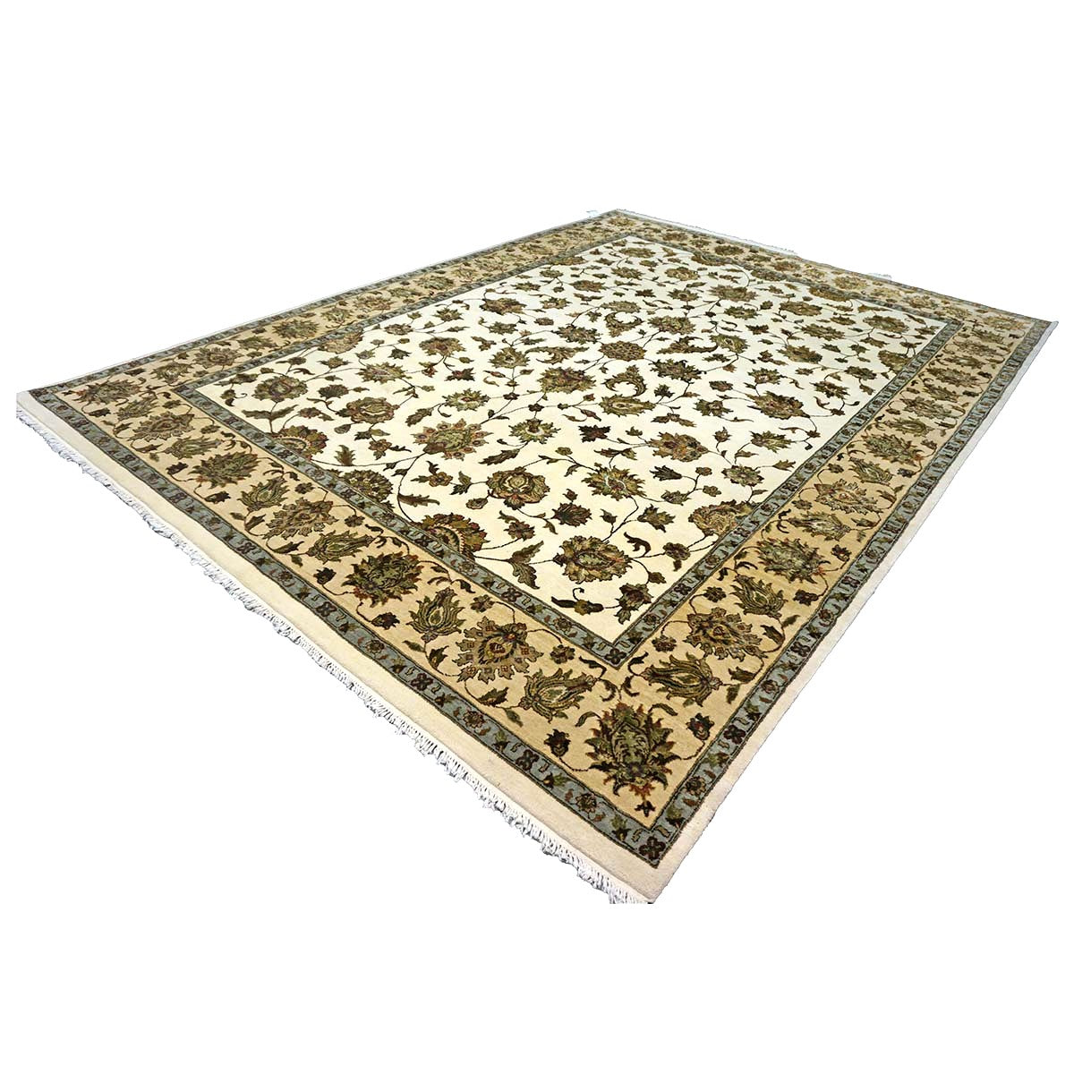 Indian Tabriz Wool & Silk 9x12 Ivory, Tan, Blue, & Green Handmade Area Rug #1144267