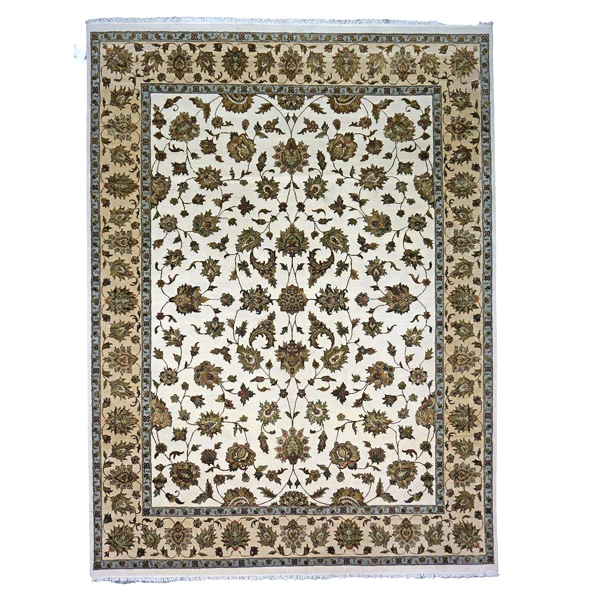 Indian Tabriz Wool & Silk 9x12 Ivory, Tan, Blue, & Green Handmade Area Rug #1144267