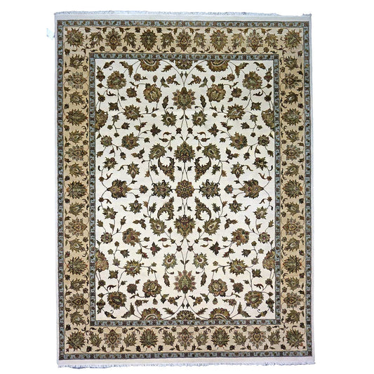 Indian Tabriz Wool & Silk 9x12 Ivory, Tan, Blue, & Green Handmade Area Rug #1144267