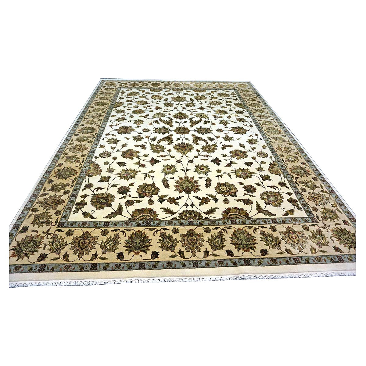 Indian Tabriz Wool & Silk 9x12 Ivory, Tan, Blue, & Green Handmade Area Rug #1144267