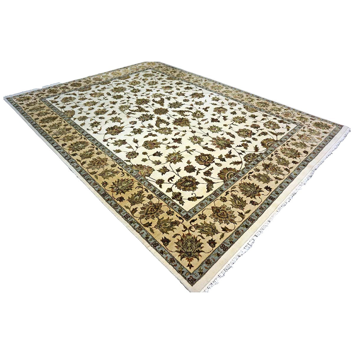 Indian Tabriz Wool & Silk 9x12 Ivory, Tan, Blue, & Green Handmade Area Rug #1144267