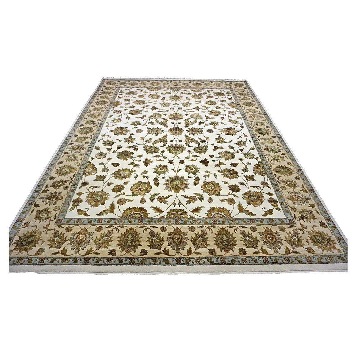 Indian Tabriz Wool & Silk 9x12 Ivory, Tan, Blue, & Green Handmade Area Rug #1144267