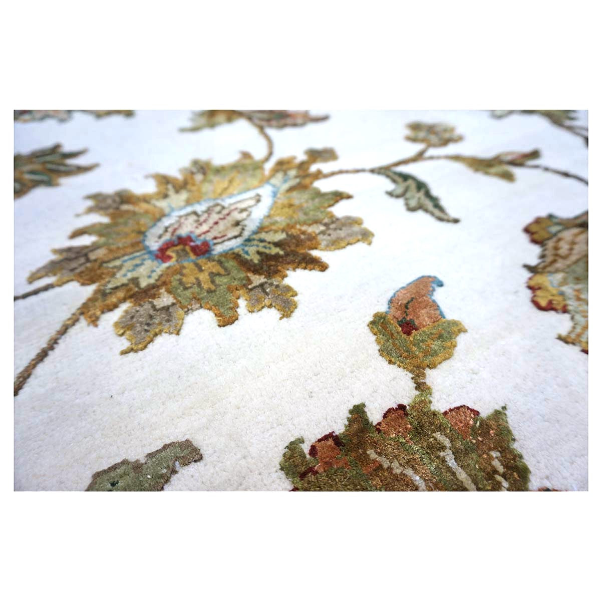 Indian Tabriz Wool & Silk 9x12 Ivory, Tan, Blue, & Green Handmade Area Rug #1144267