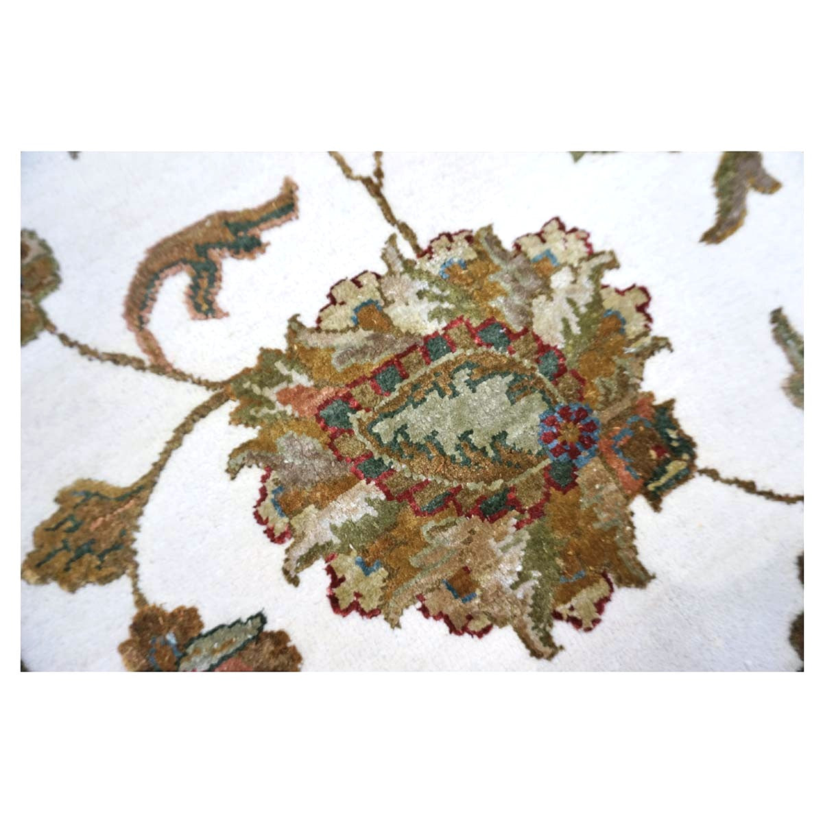 Indian Tabriz Wool & Silk 9x12 Ivory, Tan, Blue, & Green Handmade Area Rug #1144267