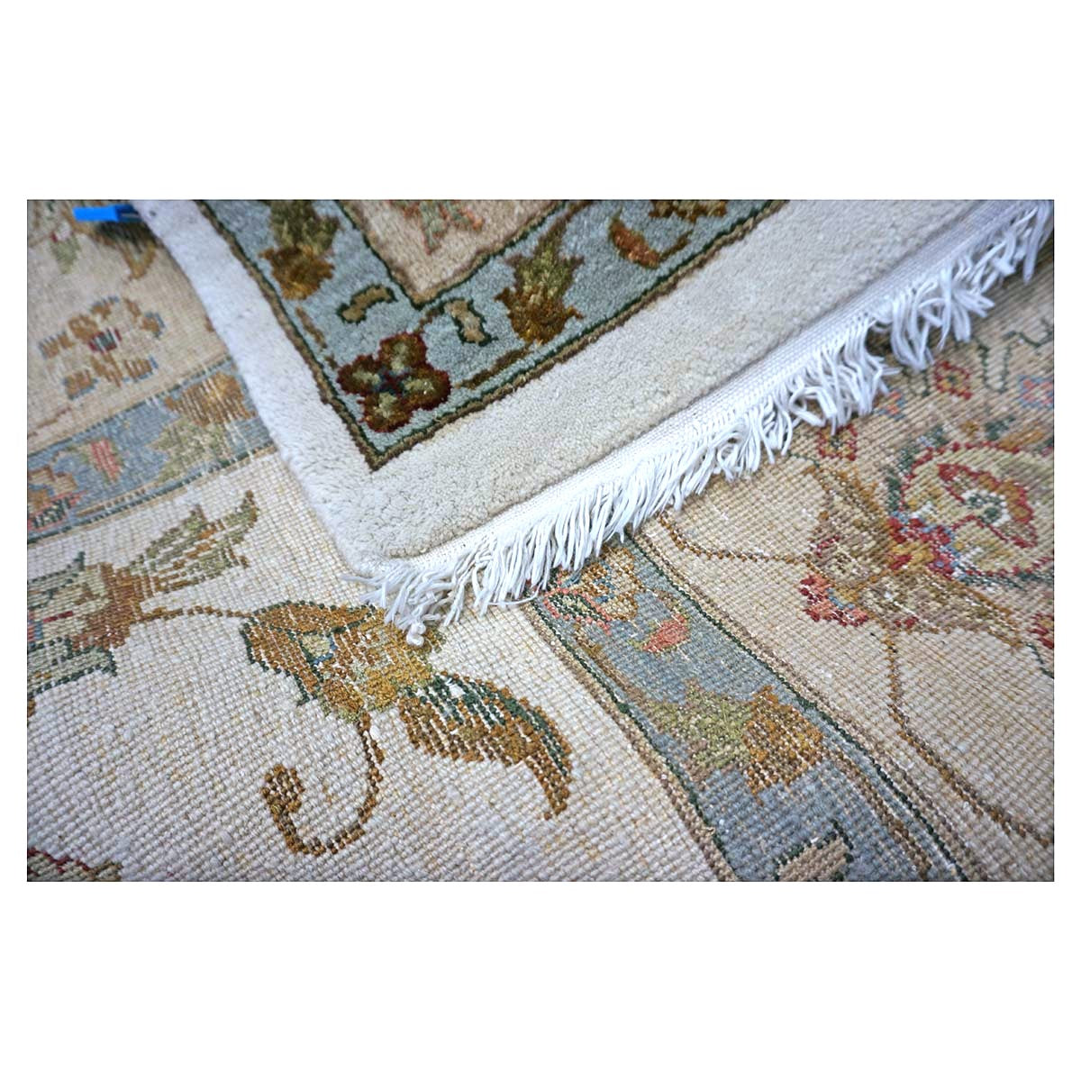 Indian Tabriz Wool & Silk 9x12 Ivory, Tan, Blue, & Green Handmade Area Rug #1144267