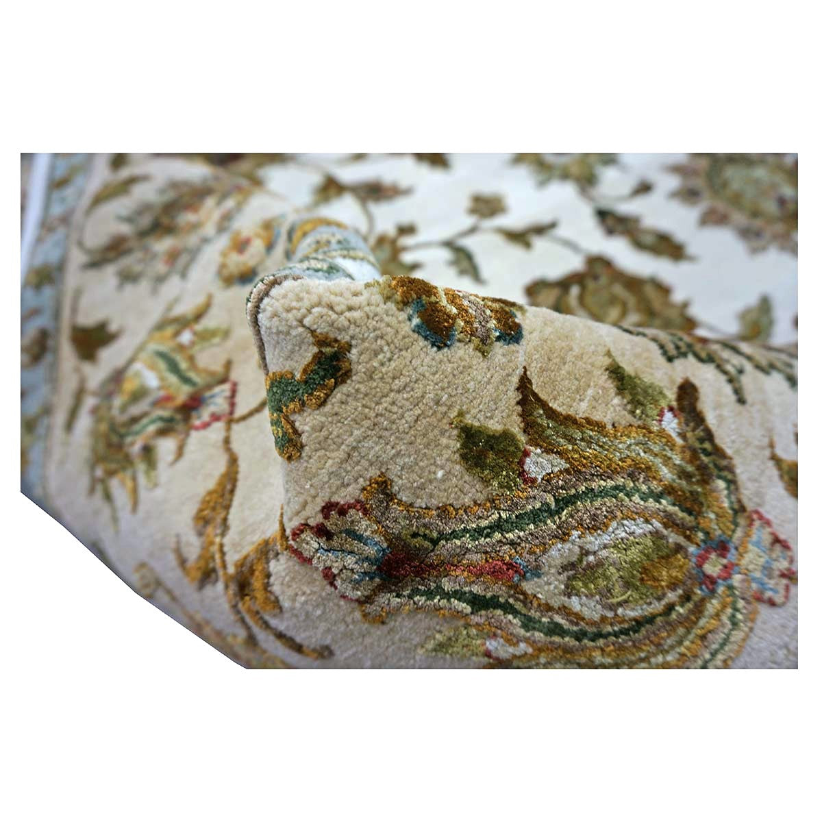 Indian Tabriz Wool & Silk 9x12 Ivory, Tan, Blue, & Green Handmade Area Rug #1144267
