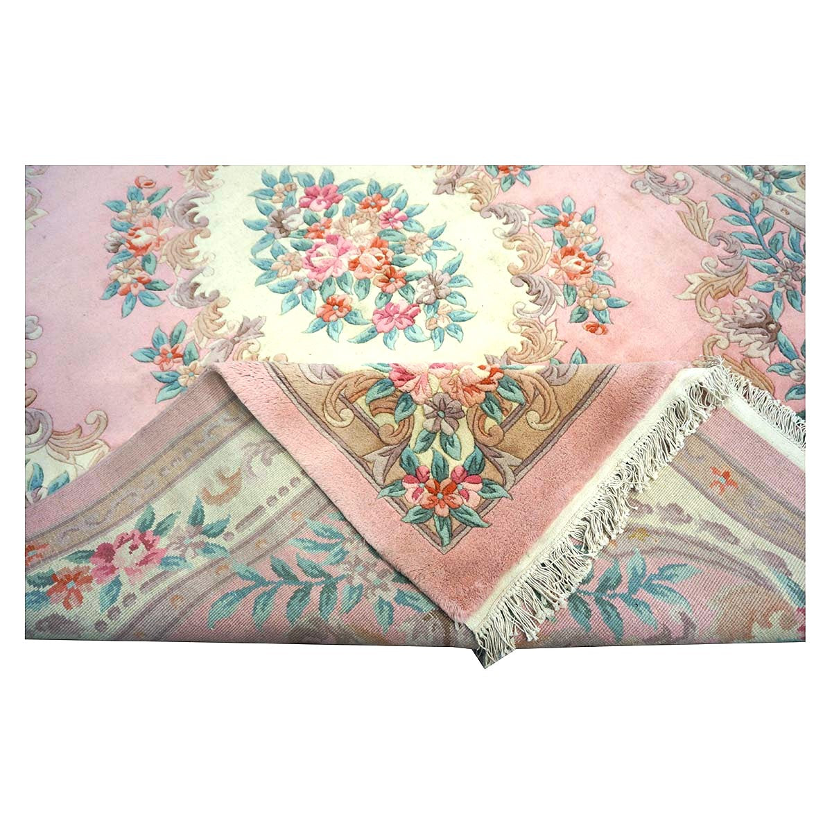 Chinese Abusson Wool 7x9 Pink, Light Blue & Ivory Handmade Area Rug #1144280