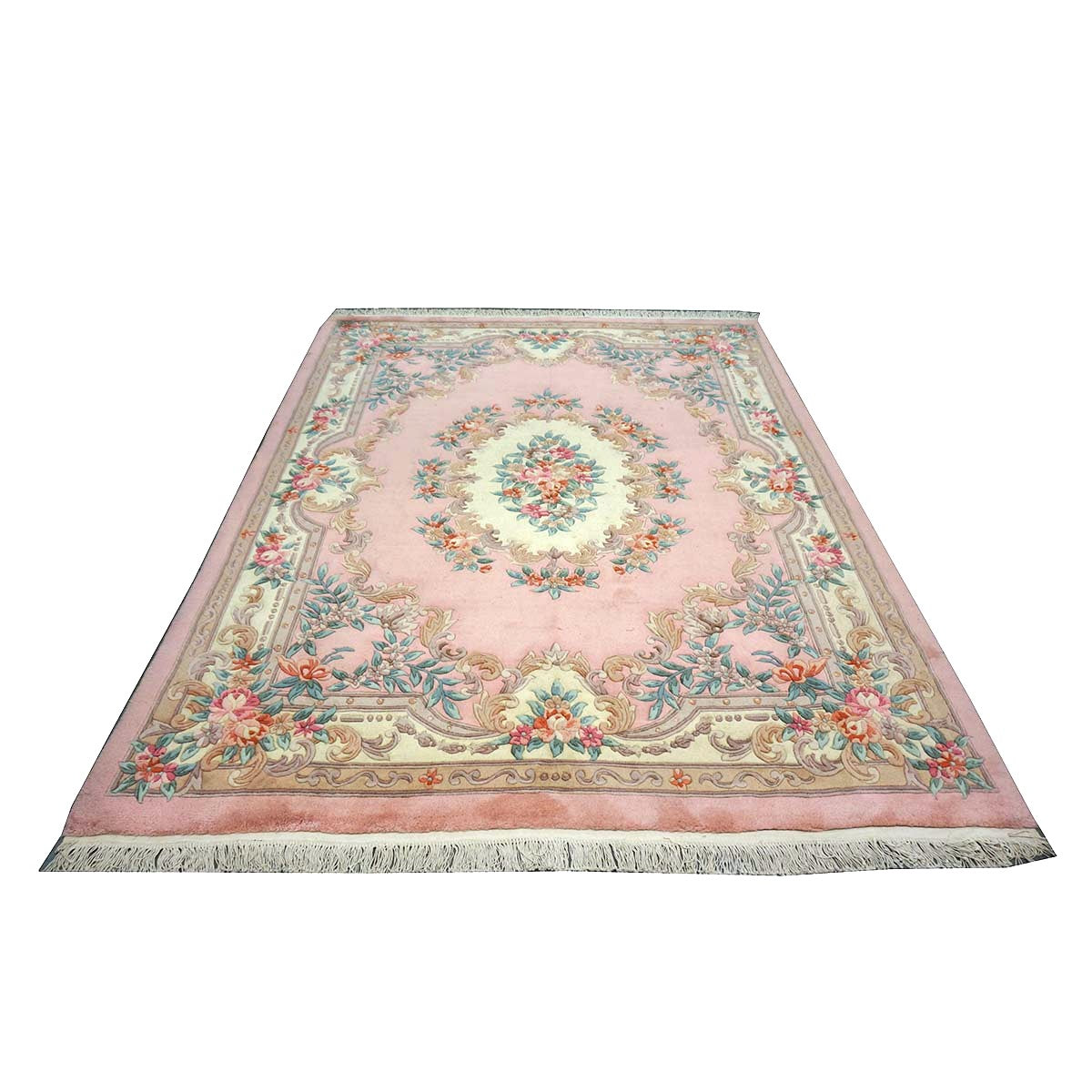 Chinese Abusson Wool 7x9 Pink, Light Blue & Ivory Handmade Area Rug #1144280
