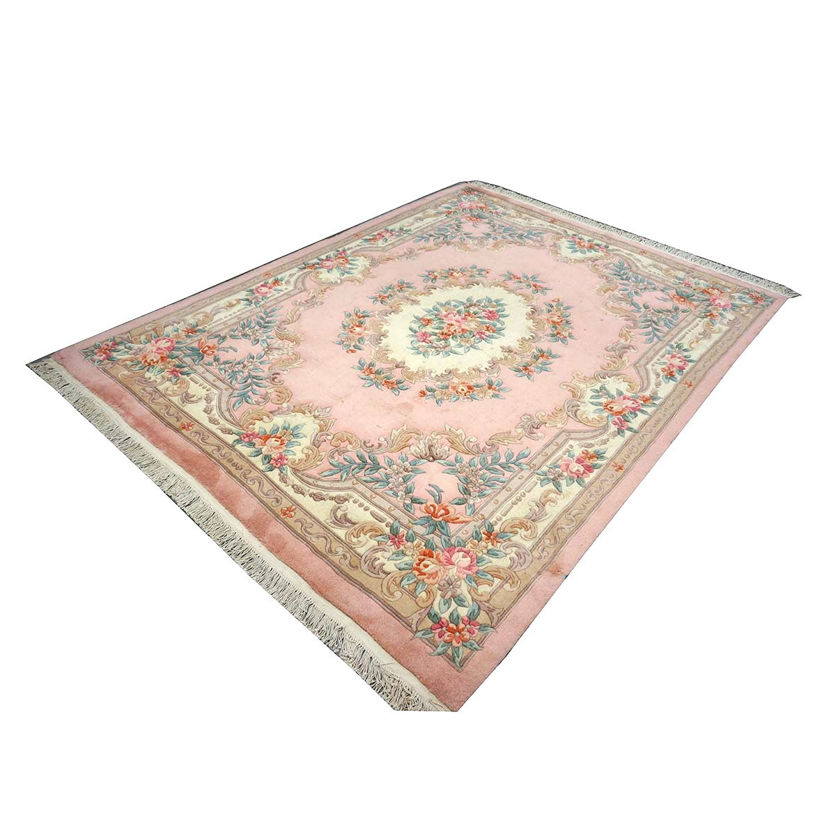 Chinese Abusson Wool 7x9 Pink, Light Blue & Ivory Handmade Area Rug #1144280