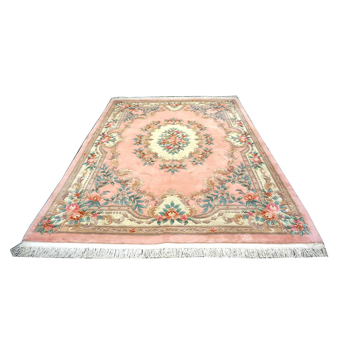 Chinese Abusson Wool 7x9 Pink, Light Blue & Ivory Handmade Area Rug #1144280
