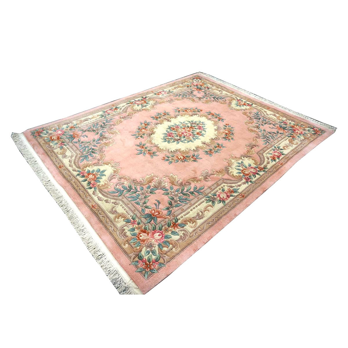 Chinese Abusson Wool 7x9 Pink, Light Blue & Ivory Handmade Area Rug #1144280