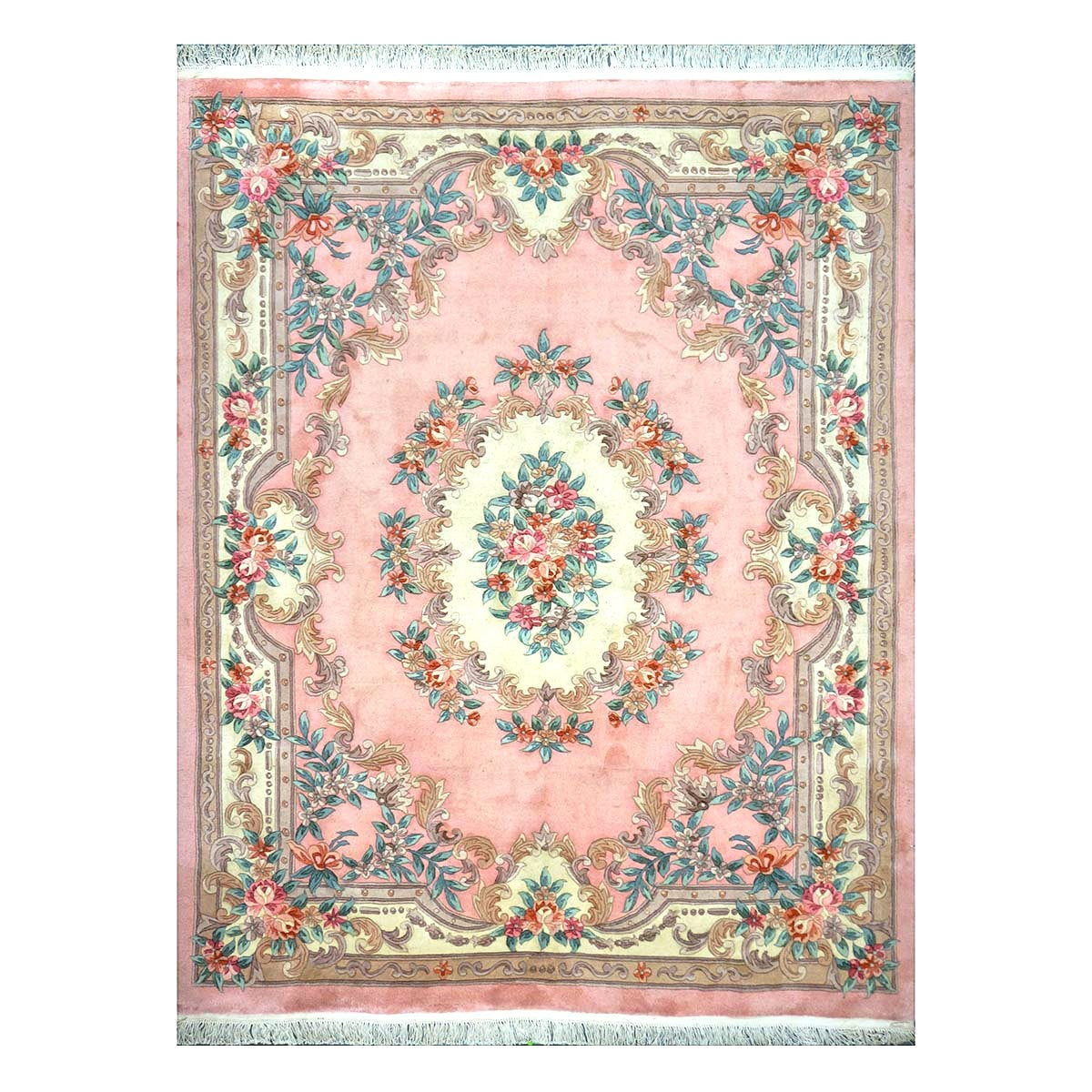 Chinese Abusson Wool 7x9 Pink, Light Blue & Ivory Handmade Area Rug #1144280