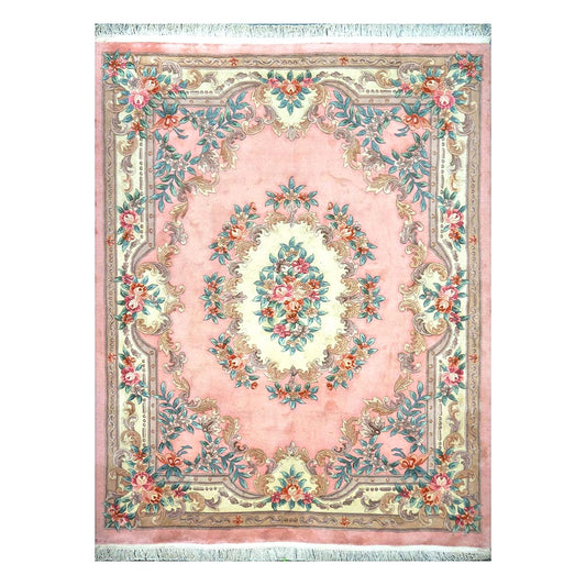 Chinese Abusson Wool 7x9 Pink, Light Blue & Ivory Handmade Area Rug #1144280