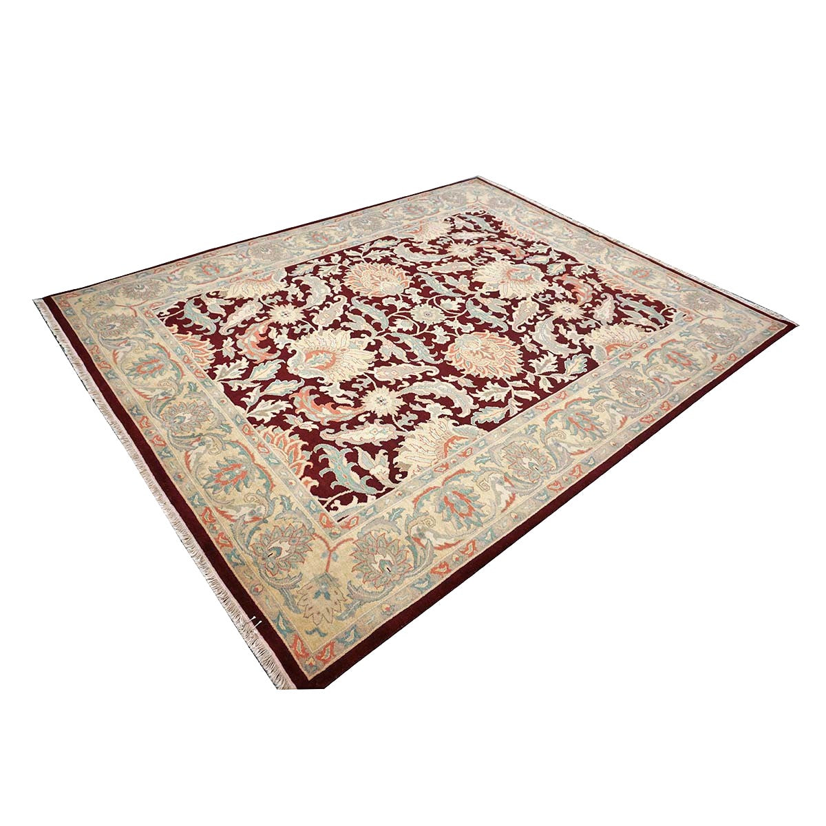 Chinese Oushak Wool 8x10 Burgundy & Tan Handmade Area Rug #1144285