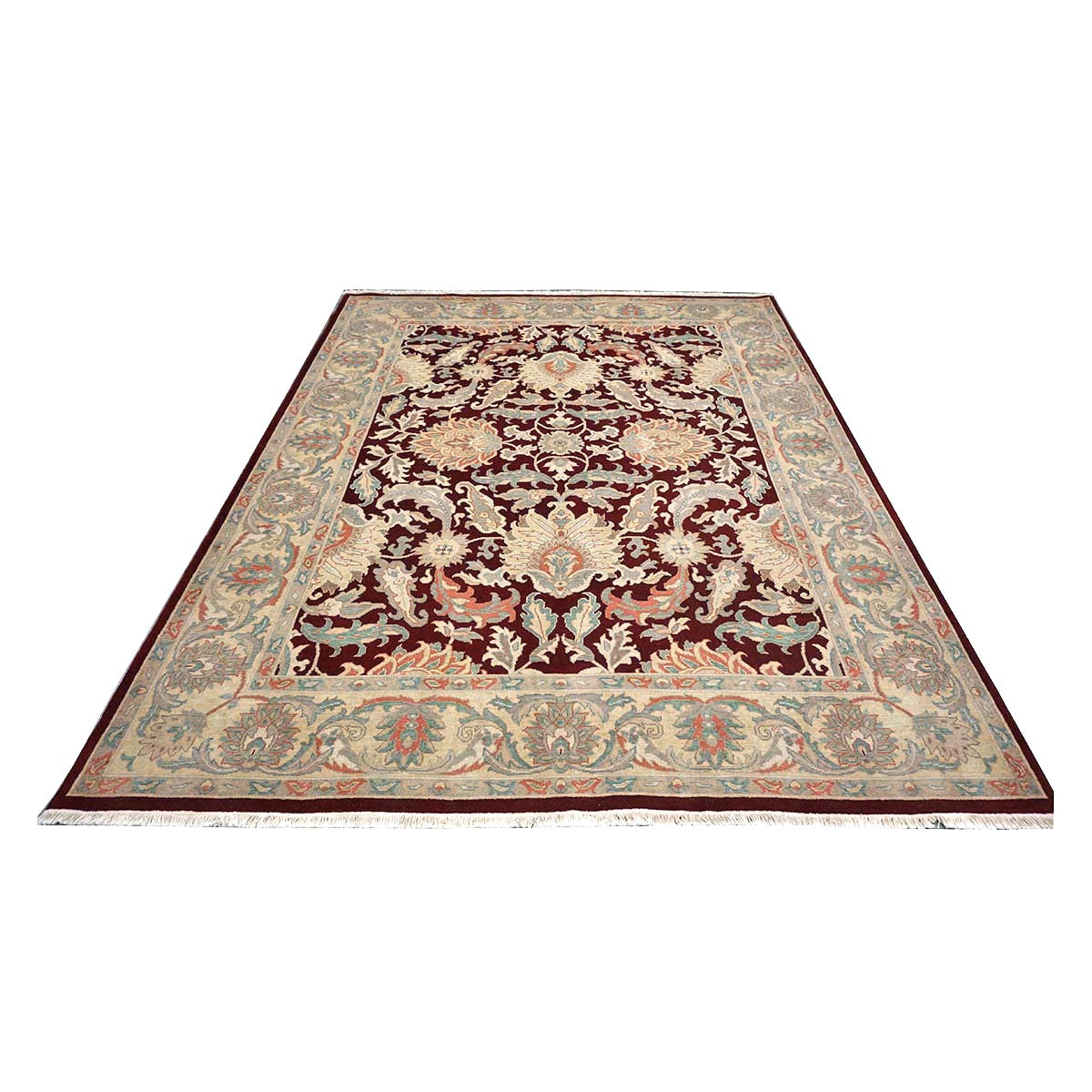 Chinese Oushak Wool 8x10 Burgundy & Tan Handmade Area Rug #1144285