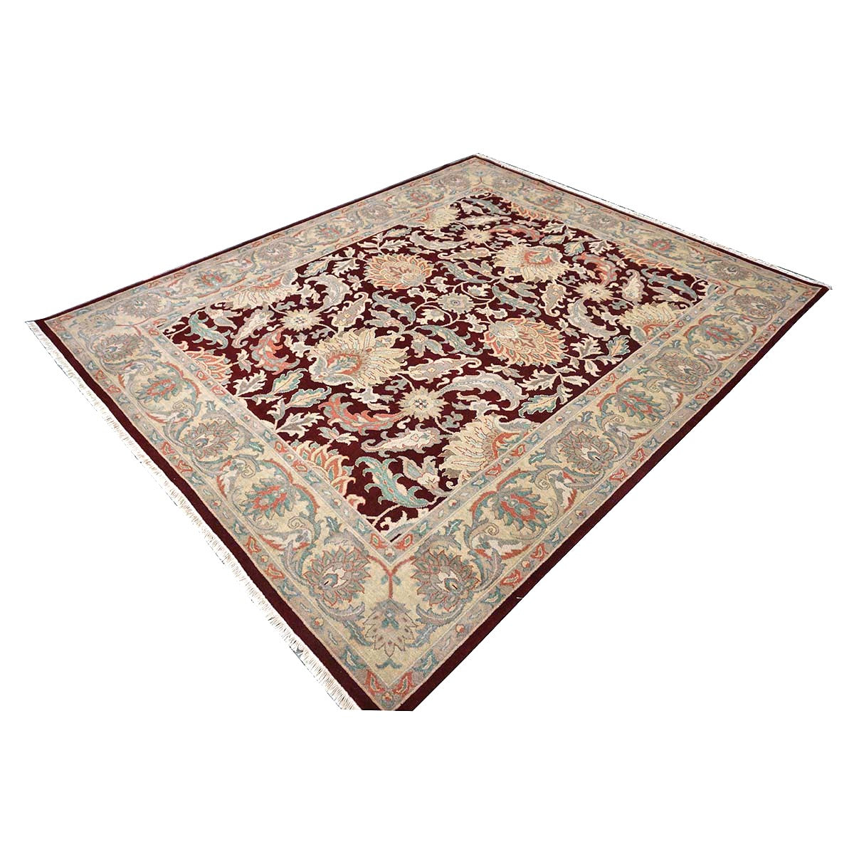 Chinese Oushak Wool 8x10 Burgundy & Tan Handmade Area Rug #1144285